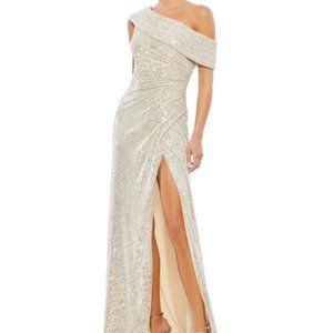 ONE-SHOULDER RUCHED SEQUINED GOWN Color Nude Size 12, 8 New With Tags